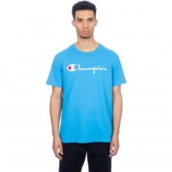 Champion Reverse Weave Script Applique Crew Neck T-Shirt (Light Blue)
