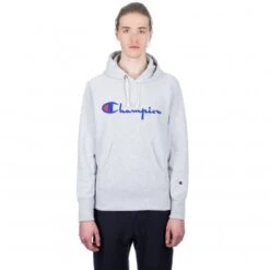 Champion Reverse Weave Script Applique Pullover Hooded Sweatshirt (Light Oxford Grey)