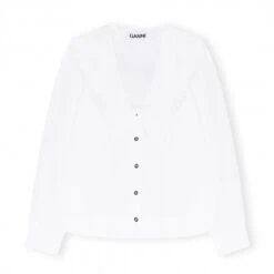 GANNI Cotton Poplin V-Neck Shirt (Bright White)