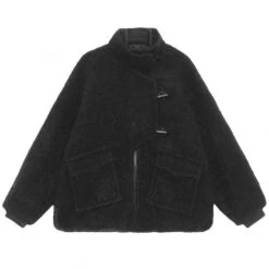 GANNI Drop Shoulder Half Placket Jacket (Black Boucle Wool)