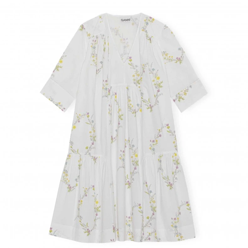 GANNI Printed Cotton Gathered Panel V-Neck Dress (Floral Shape Bright White) 3 GANNI Printed Cotton Gathered Panel V-Neck Dress (Floral Shape Bright White)