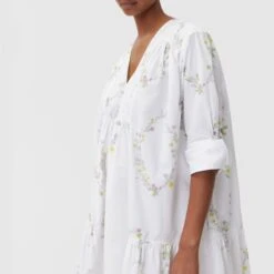 GANNI Printed Cotton Gathered Panel V-Neck Dress (Floral Shape Bright White) 9 GANNI Printed Cotton Gathered Panel V-Neck Dress (Floral Shape Bright White) -Streetwear Store ganni printed cotton gathered panel v neck dress floral shape bright white 0003 3