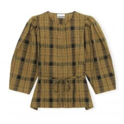 GANNI Seersucker Check O-Neck Puff Sleeve Belt Blouse (Butternut)