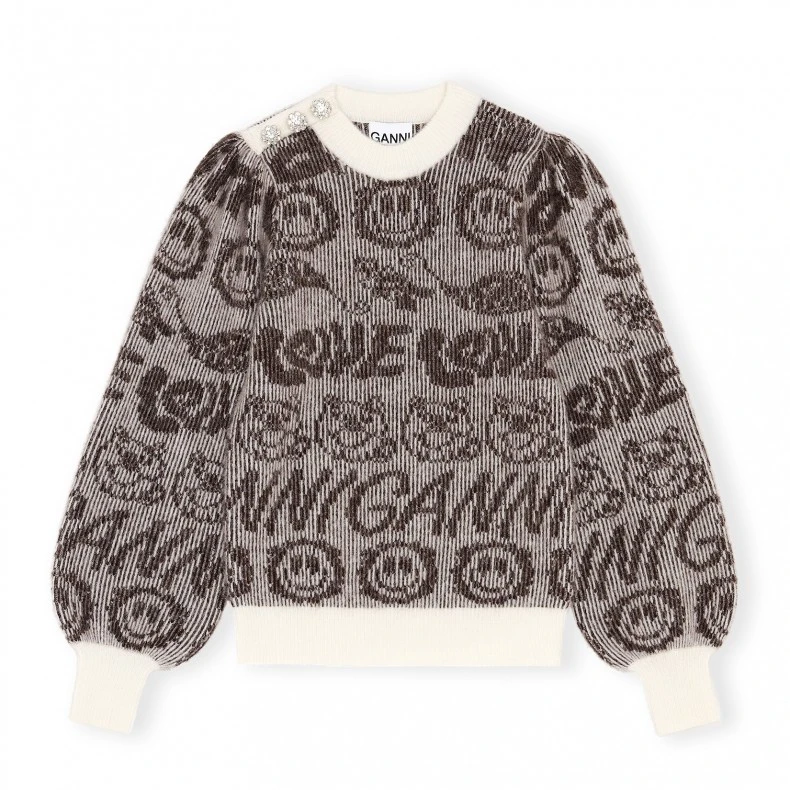 GANNI Smiley Alpaca Blend Baloon Sleeve Pullover (Egret) 3 GANNI Smiley Alpaca Blend Baloon Sleeve Pullover (Egret)