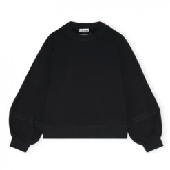 GANNI Software Isoli Puff Sleeve Crew Neck Sweatshirt (Black)